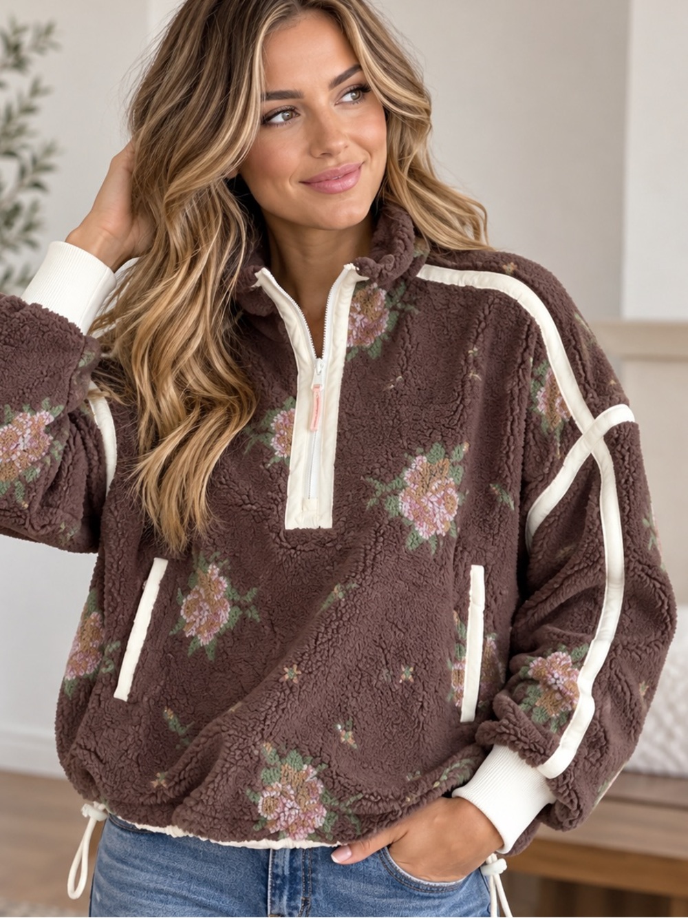 082.New $198 FREE PEOPLE
FP Movement - Mountain High Embroidered Half Zip Fleece